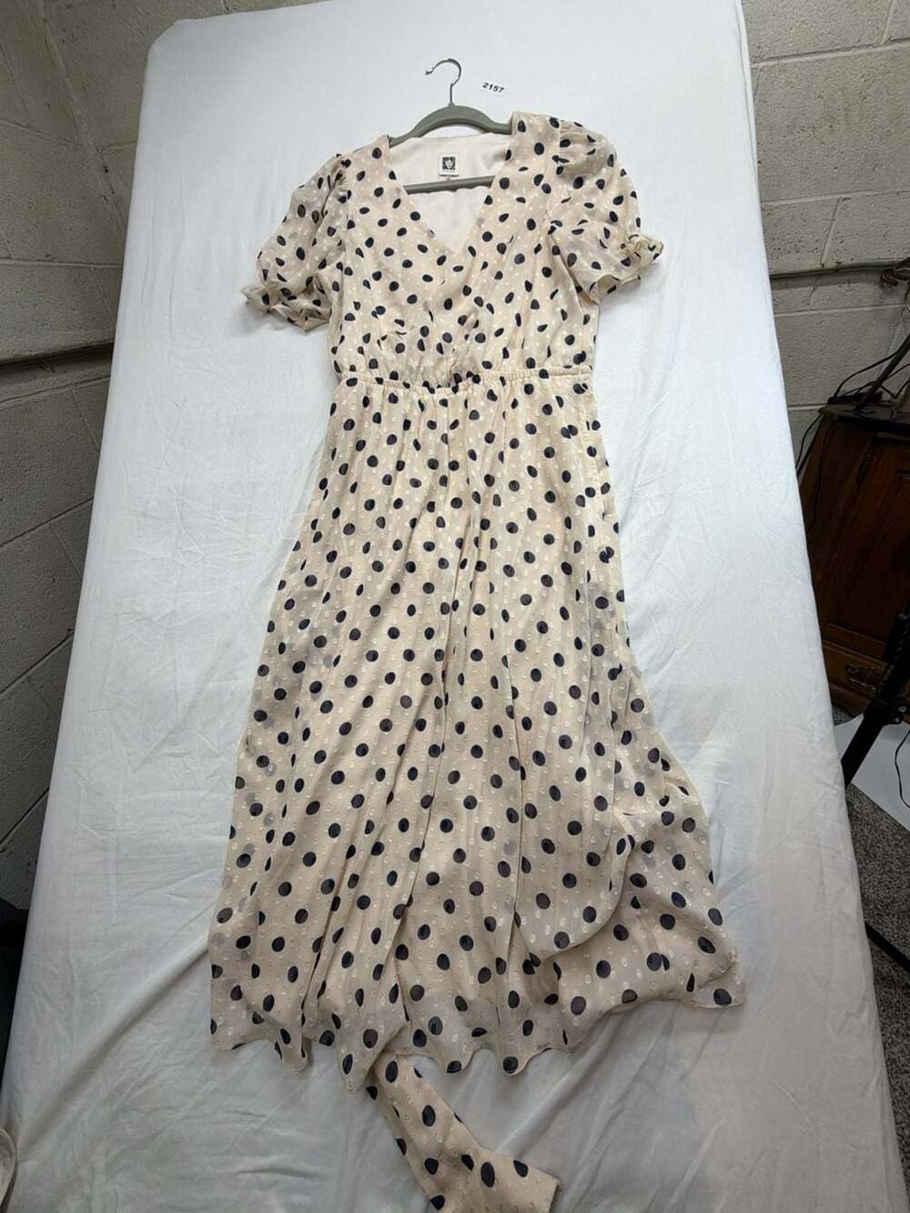 Anne Klein Midi Dress Size M Beige Black Polka Dot